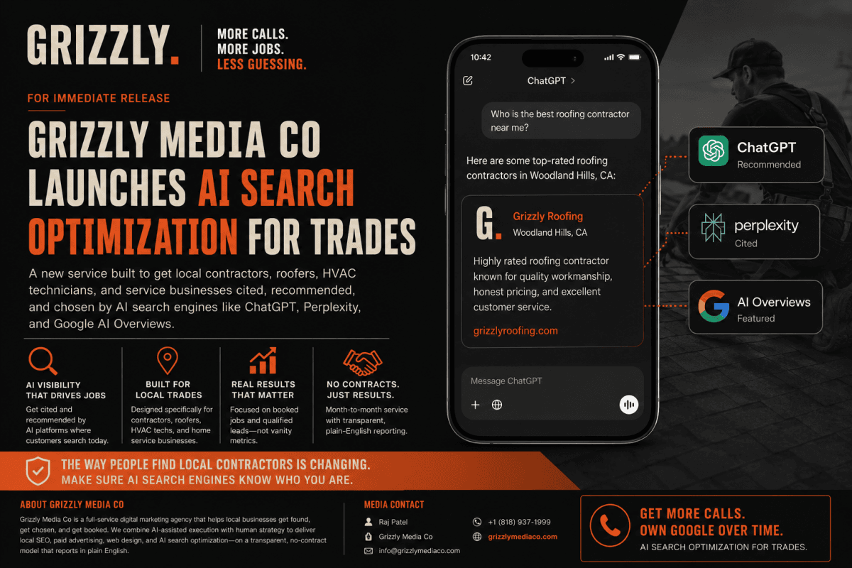Grizzly Media Co Launches AI Search Optimization for Trades to Boost Visibility in ChatGPT and Google AI