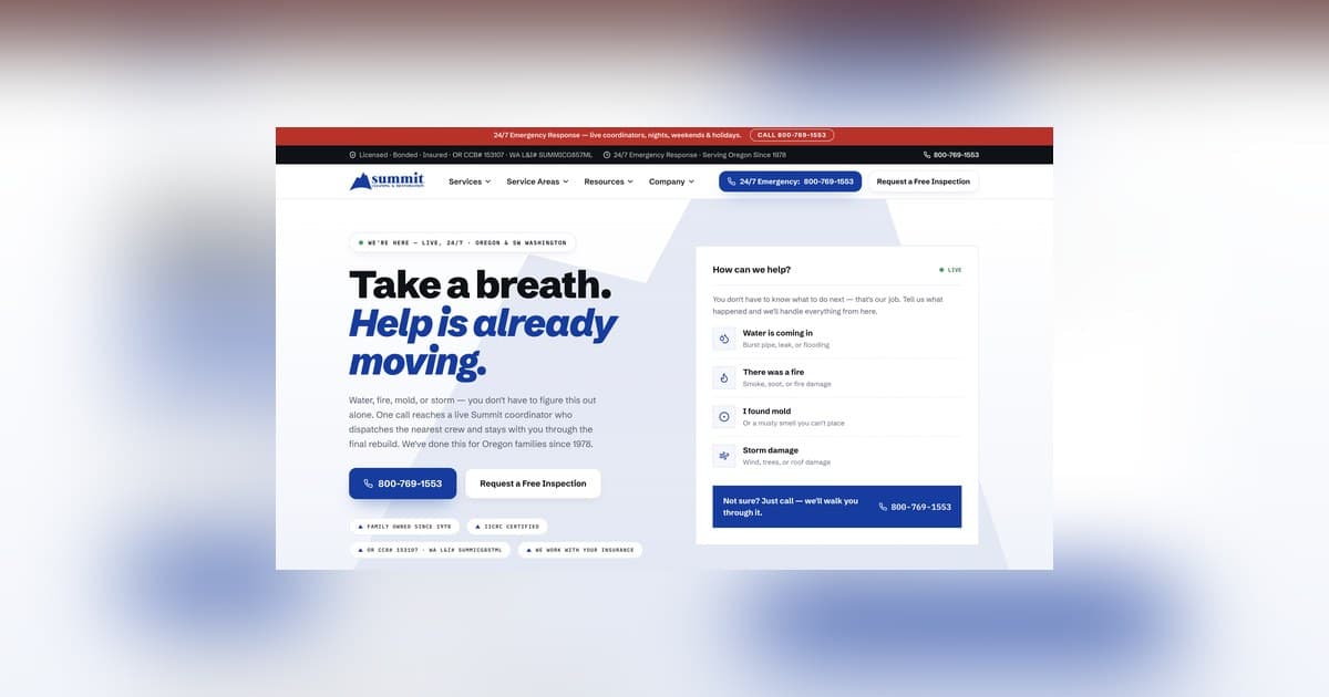 Summit Cleaning & Restoration Launches SummitClean.com Ahead of Oregon Wet Season